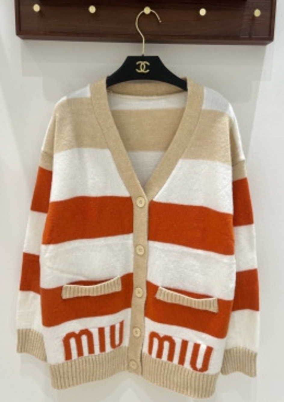 🍊Miu Miu🍊Designer Stripe Cardigan Front Pockets Logo Detail